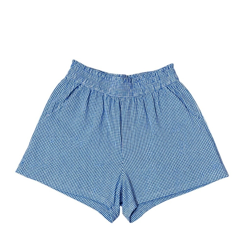 Aerie Blue White Gingham Smocked Waist Shorts High Rise Pockets Medium
